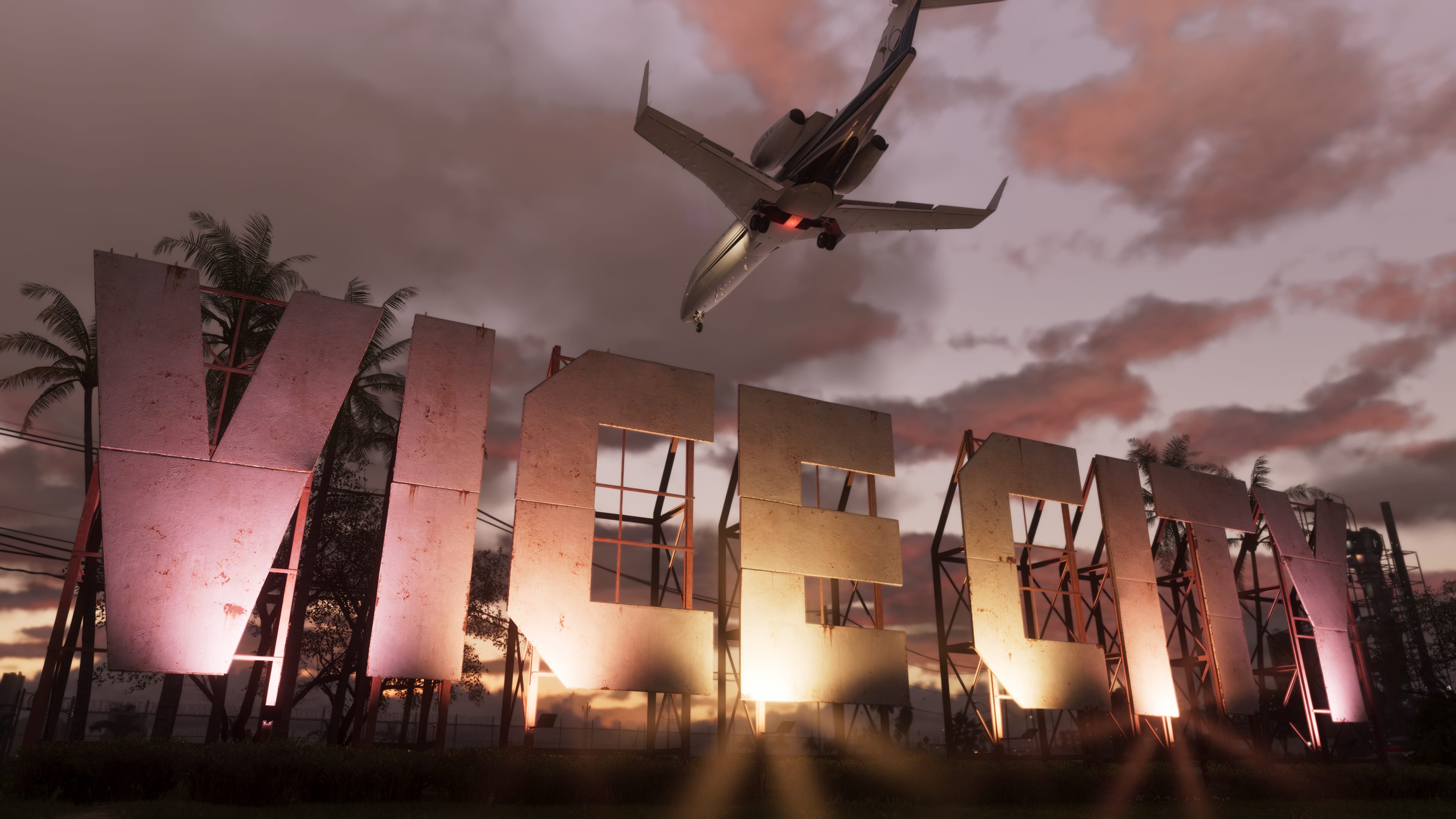 A plane above the Vice City sign at sunset, from Rockstar Games’ GTA VI showcase